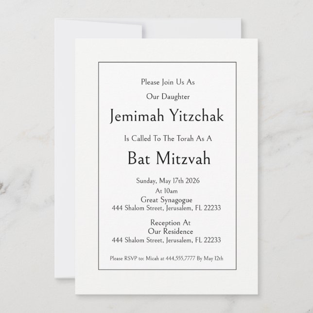 Bat Mitzvah judisk inbjudan, minimalistisk modern Inbjudningar (Framsida)