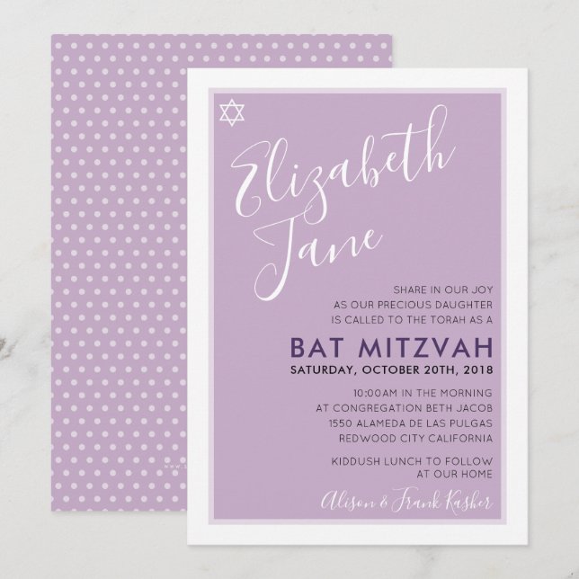 BAT MITZVAH juönskestjärna, modern interpolation m Inbjudningar (Fram/baksida)