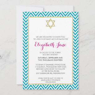 BAT MITZVAH kevron mönster guld glittery aqua Inbjudningar