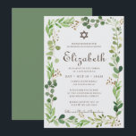 Bat mitzvah, klassiskt skript, vattenfärgsfyllning inbjudningar<br><div class="desc">Består av elegant serif- och krämfärgstipografi på en vattenfärgsgrey grönt foliage botaniskt ram. 

Detta är designad av Select Party Supplies,  exklusiv för Zazzle.

Finns här:http://www.zazzle.com/store/selectpartysupplies</div>