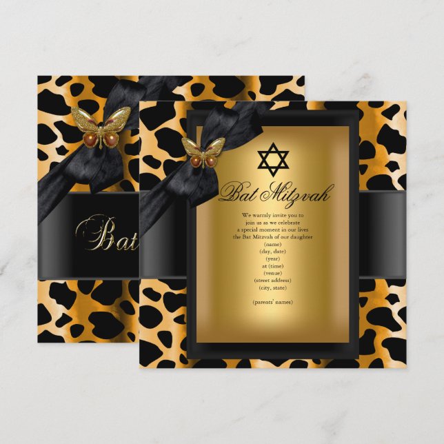 Bat Mitzvah Leopard Guld Svart Fjäril Inbjudningar (Fram/baksida)