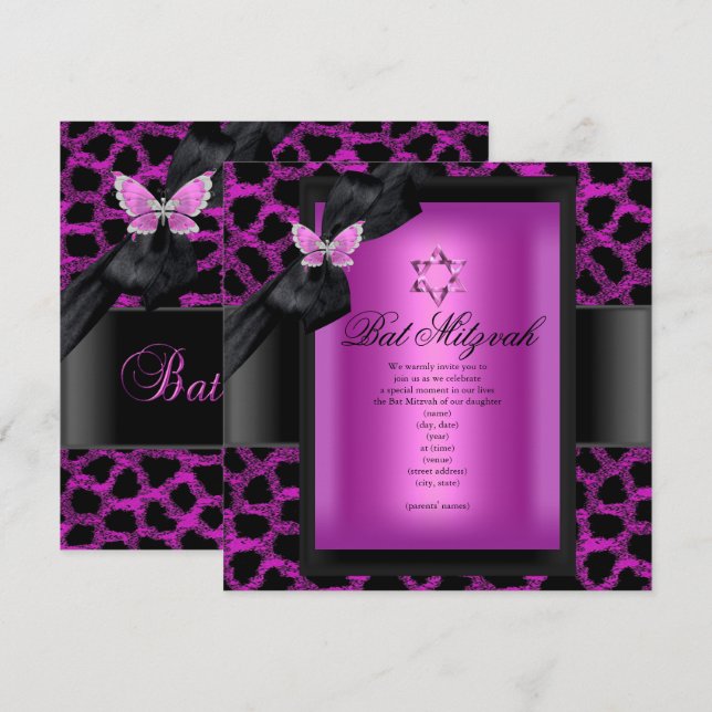 Bat Mitzvah Leopard Rosa Fjäril Inbjudningar (Fram/baksida)