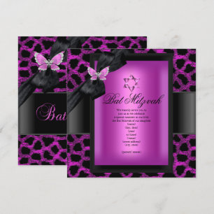 Bat Mitzvah Leopard Rosa Fjäril Inbjudningar