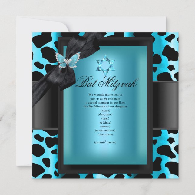 Bat Mitzvah Leopard Turkos Fjäril Inbjudningar (Framsida)