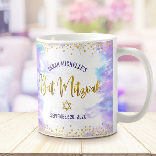 Bat Mitzvah Lila Akvarell Guld Skrift Konfetti Kaffemugg