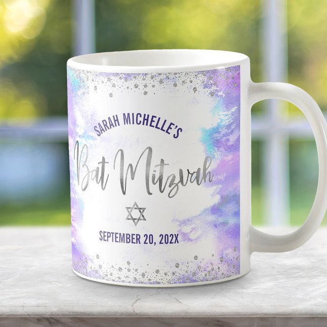 Bat Mitzvah Lila Akvarell Silver Skrift Modern Kaffemugg (Skapare uppladdad)