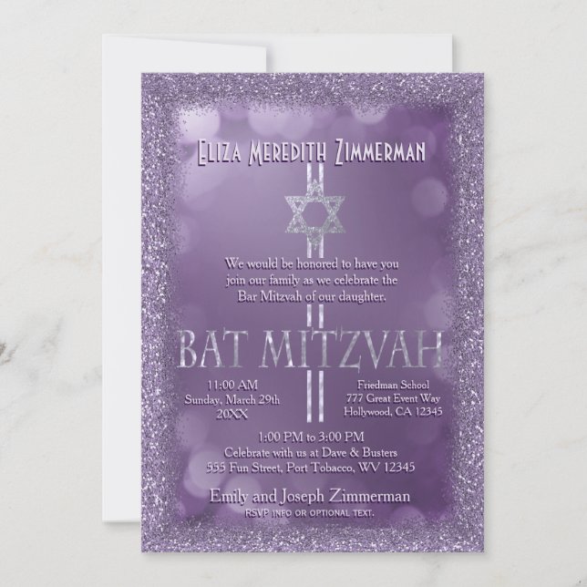 Bat mitzvah | Lila Glitter Titta Inbjudningar (Framsida)
