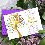 Bat mitzvah Lila, guldgruvemodern Livets träd Inbjudningar<br><div class="desc">Var stolt, gladd och visa den här milstolpen av din favoritBat mitzvah! Den här grafikton faux guld foil träd med glatt turkos, teal, lila och blue Star av David och punkt "löv" på vit bakgrund är perfektens inbjudan till detta särskilda tillfälle. En liten, mörk lila Star av David mönster som...</div>