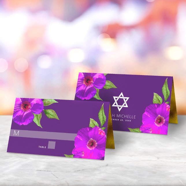 Bat mitzvah Lila Modern Blommigt vattenfärg i fets Placeringskort (Skapare uppladdad)