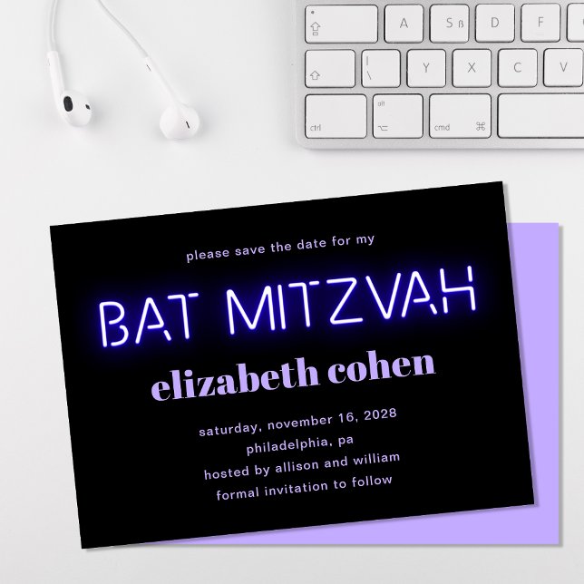 Bat mitzvah Lila Neon Ljus Spara datum Inbjudningar (Skapare uppladdad)