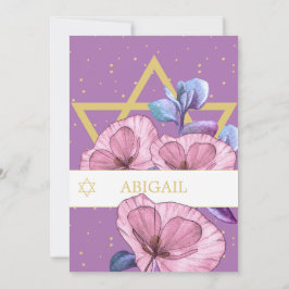 Bat mitzvah Lila Poppies Guld Star av David Inbjudningar