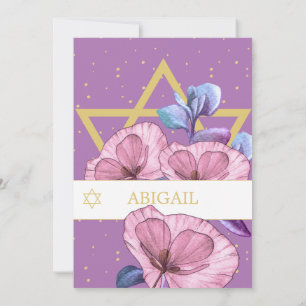 Bat mitzvah Lila Poppies Guld Star av David Inbjudningar