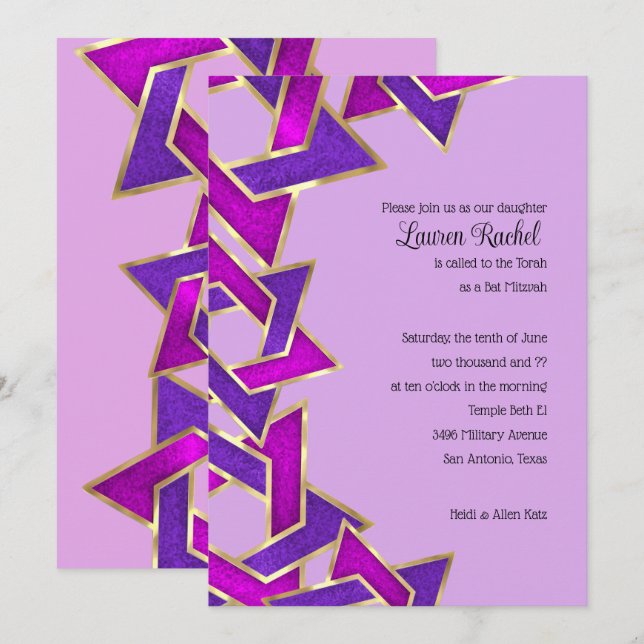 Bat mitzvah Lila Rosa Star of David Invat Inbjudningar (Fram/baksida)