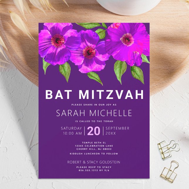 Bat mitzvah Lila Rosa Vattenfärgens Blommigt Moder Inbjudningar (Skapare uppladdad)
