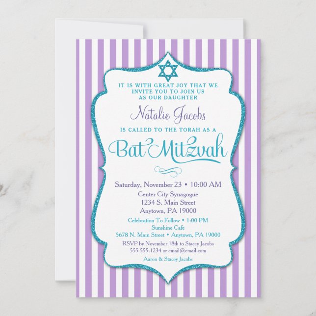 Bat mitzvah Lila  Teal Elegant Rand Inbjudningar (Framsida)