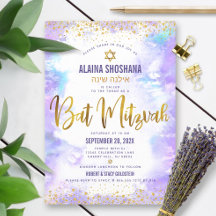 Bat mitzvah lila, vattenfärgsskript för guld