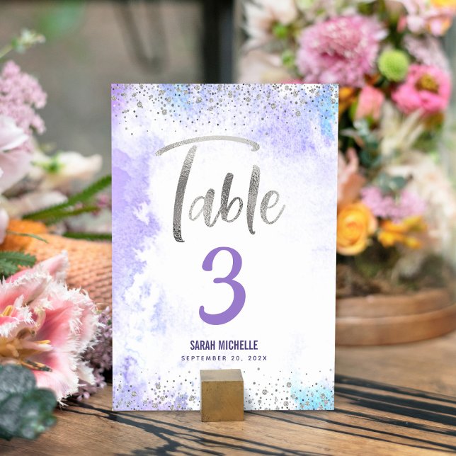 Bat mitzvah Lila Watercolor Silver Glitter Girly Bordsnummer (Skapare uppladdad)