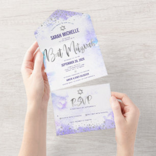 Bat mitzvah Lila Watercolor Silver Script Modern