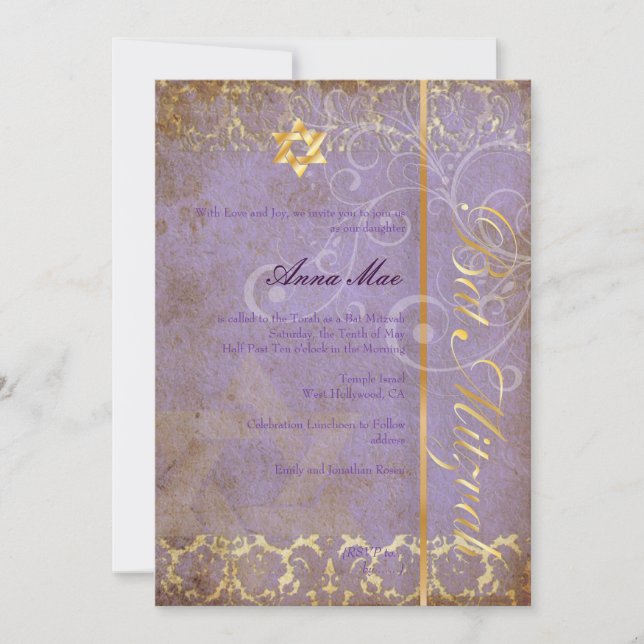 Bat mitzvah/lilac/guld inbjudningar (Framsida)