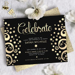 Bat mitzvah Livets träd-skript för svart gulfenad  Tilläggskort<br><div class="desc">Var stolt, gladd och visa den här milstolpen av din favoritBat mitzvah! Det här fantastiska, sofistikerade party-informationskortet för personlig är perfekten för detta speciella tillfälle. Grafikfaux faux guld foil träd med gniststjärnan David och prick "löv", tillsammans med guld folie calligraphy script, täcker över en rik, svart bakgrund. Faux guld glitter...</div>