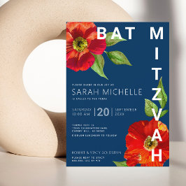 Bat mitzvah marin blå röd Blommigt vattenfärg Mode Inbjudningar