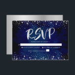 Bat mitzvah marin Silver Glitter-skript, vattenfär OSA Kort<br><div class="desc">Var stolt, gladd och visa den här milstolpen av din favoritBat mitzvah! Inkludera det här fantastiska, moderna OSA-kortet för personlig för evenemanget. Grafikfiltret faux silver foil calligraphy script och konetti täcker över en rik, dramatisk, marin blå vattenfärgsbakgrund. Anpassa anpassningsbarnas text med datumet "svara senast". Matchning och samordning av inbjudan, adressetiketter,...</div>