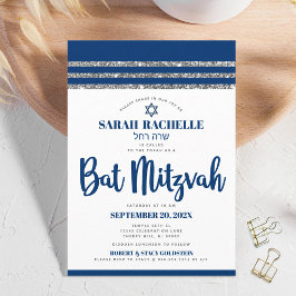 Bat Mitzvah Marinblå Skript Enkel Modern Tallit Inbjudningar