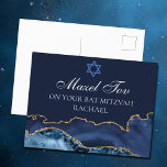 Bat mitzvah Mazel Tov för marinblå Guld-Anpassning Vykort<br><div class="desc">Elegant marinblått och guld agate dekorerar sidan av detta moderna Bat mitzvah party-vykort för grattisar. Mazel Tov! Anpassa den under David stjärna. Perfekt vykort för en chic,  snyggt judisk familj som firar en flicka som kallas till Torah.</div>