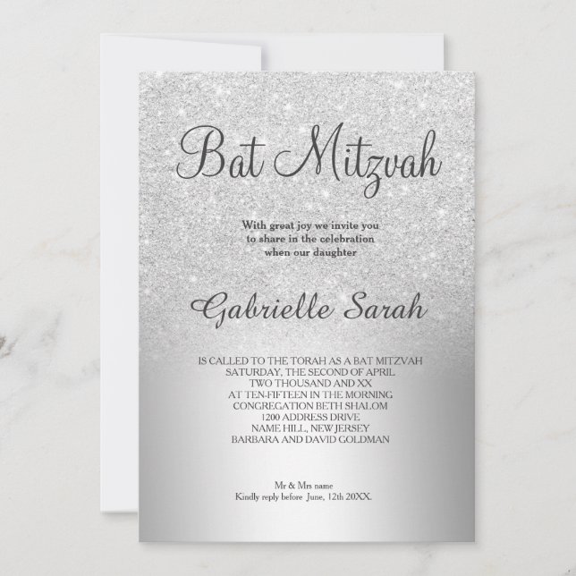 Bat mitzvah metallfolie av silver glitter inbjudningar (Framsida)