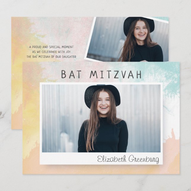 Bat mitzvah Modern Abstrakt för vattenfärg Inbjudningar (Fram/baksida)
