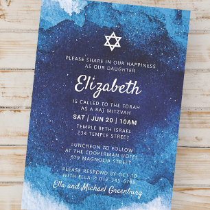 Bat mitzvah modern blå vattenfärg inbjudningar