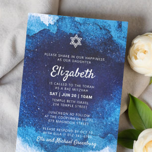 Bat mitzvah modern blå vattenfärg inbjudningar