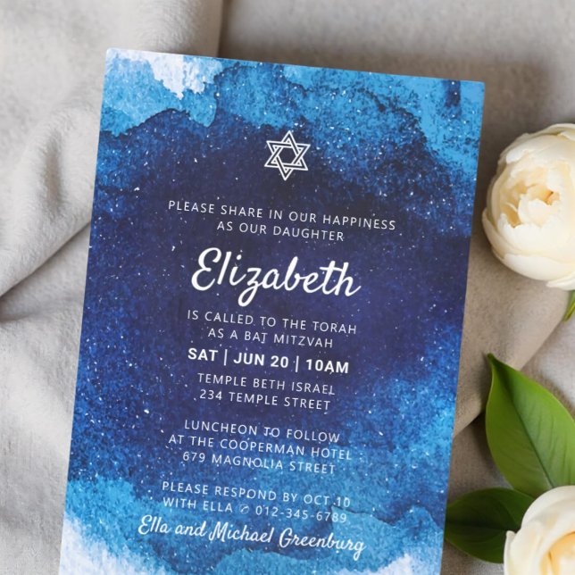 Bat mitzvah modern blå vattenfärg inbjudningar (Skapare uppladdad)