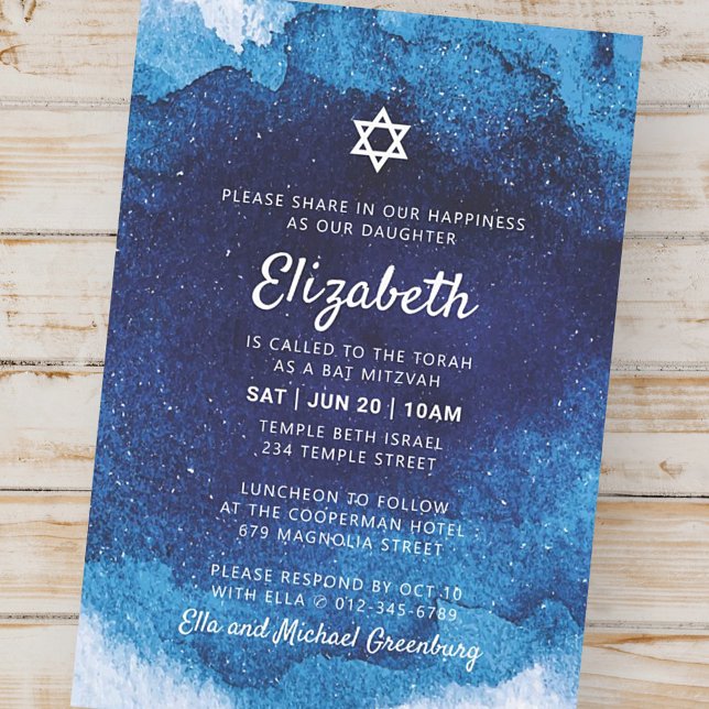 Bat mitzvah modern blå vattenfärg inbjudningar (Skapare uppladdad)