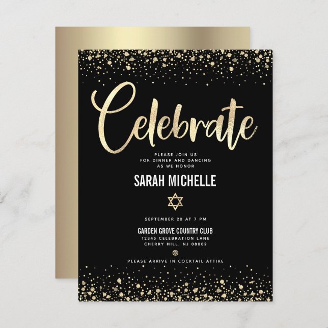 Bat mitzvah Modern Black Gold Foil Glitter-skript Tilläggskort (Fram/baksida)