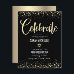 Bat mitzvah Modern Black Gold Foil Glitter-skript Tilläggskort<br><div class="desc">Var stolt, gladd och visa den här milstolpen av din favoritBat mitzvah! Inkludera den här fantastiska, moderna infogningen av personliger för mer information om evenemanget. Graphic faux faux guld foil calligraphy script, Star of David, and confietti, overlay a rik, dramatiskt, svart bakgrund. Anpassa anpassningsbarna med information om namn, datum och...</div>
