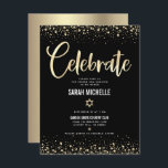 Bat mitzvah Modern Black Gold Foil Glitter-skript Tilläggskort<br><div class="desc">Var stolt, gladd och visa den här milstolpen av din favoritBat mitzvah! Inkludera den här fantastiska, moderna infogningen av personliger för mer information om evenemanget. Graphic faux faux guld foil calligraphy script, Star of David, and confietti, overlay a rik, dramatiskt, svart bakgrund. Anpassa anpassningsbarna med information om namn, datum och...</div>