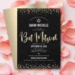 Bat mitzvah Modern Black Guld Glitter-fotoskript Inbjudningar<br><div class="desc">Var stolt, gladd och visa den här milstolpen av din favoritBat mitzvah! Skicka ut den här fantastiska, moderna, sofistikerade inbjudan till en personlig att minnas. Graphic faux faux guld foil calligraphy script, Star of David, and confietti, overlay a rik, dramatiskt, svart bakgrund. En faux guld Star av David överlägger en...</div>
