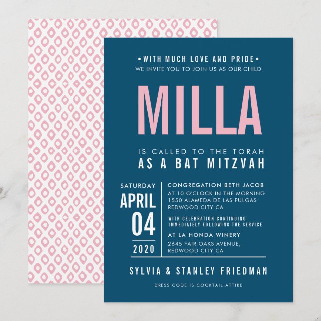BAT MITZVAH modern blocktyp marin blå rosa Inbjudningar (Fram/baksida)