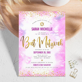 Bat mitzvah modern chic guld-folie rosa vattenfärg inbjudningar