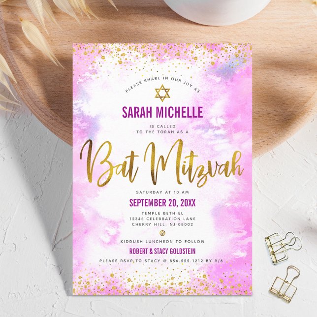Bat mitzvah modern chic guld-folie rosa vattenfärg inbjudningar (Skapare uppladdad)