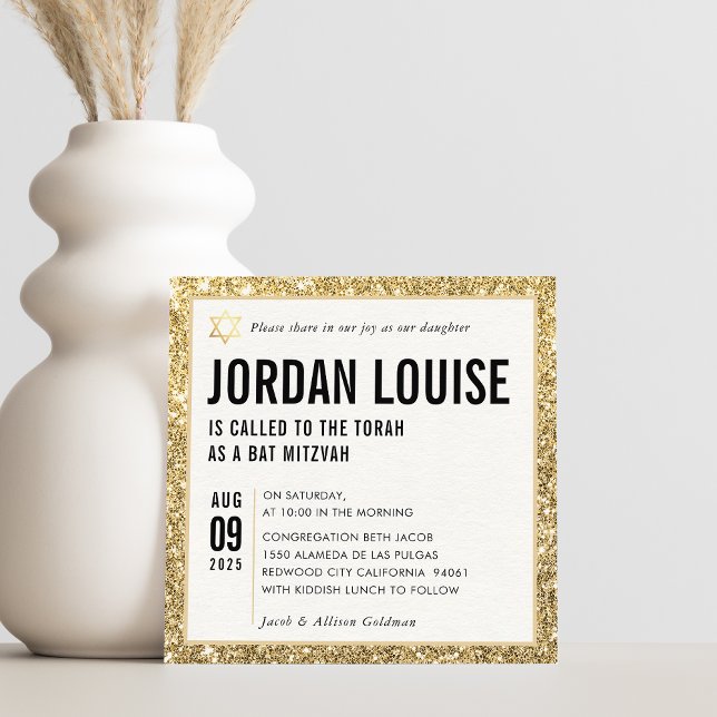 BAT MITZVAH, modern chic guld glitter Inbjudningar (Skapare uppladdad)