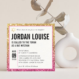 BAT MITZVAH, modern chic rosa guld glitter Inbjudningar