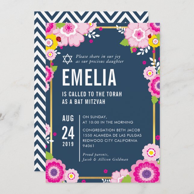BAT MITZVAH, modern, djärv blommigt, smart rosa i  Inbjudningar (Fram/baksida)