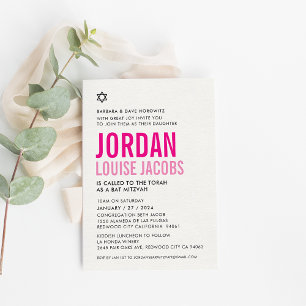 BAT MITZVAH modern djärv färg rosa namn Inbjudningar