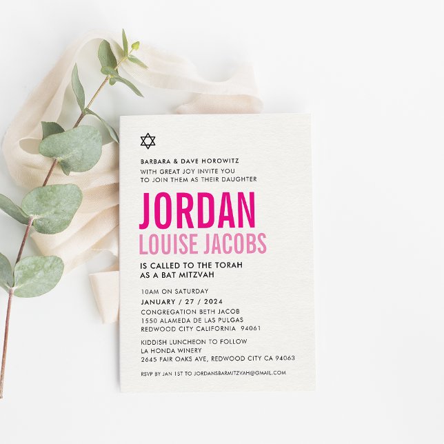 BAT MITZVAH modern djärv färg rosa namn Inbjudningar (Skapare uppladdad)