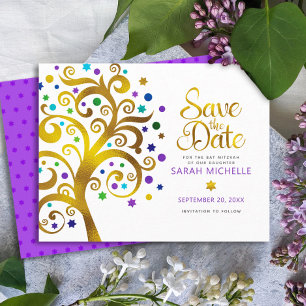 Bat mitzvah Modern djärv Lila Guld Livets träd Spara Datumet