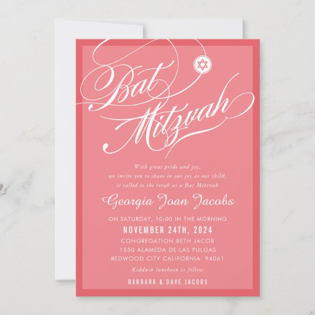 BAT MITZVAH, modern elegant-skript flamingo-rosa Inbjudningar (Framsida)