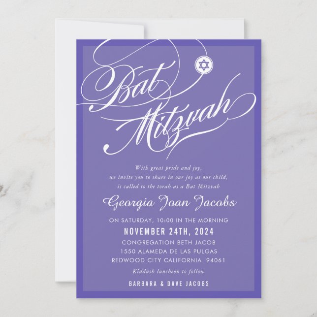 BAT MITZVAH, modern elegant, skript lavender lila Inbjudningar (Framsida)