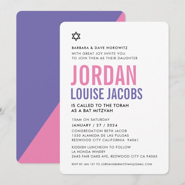 BAT MITZVAH, modern, fetstilt, färglös lila för ro Inbjudningar (Fram/baksida)